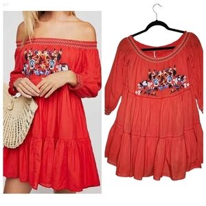 Free People Sunbeams Embroidered off the shoulder mini dress.  Red.